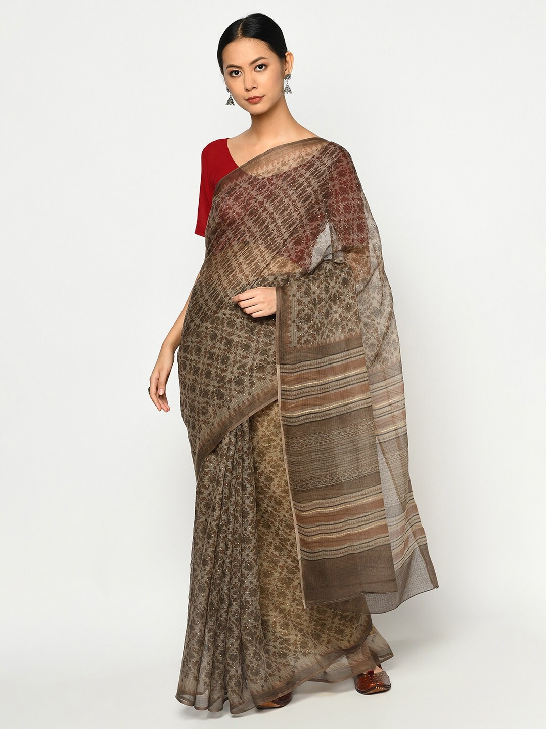 

Fabindia Grey & Brown Floral Block Print Saree