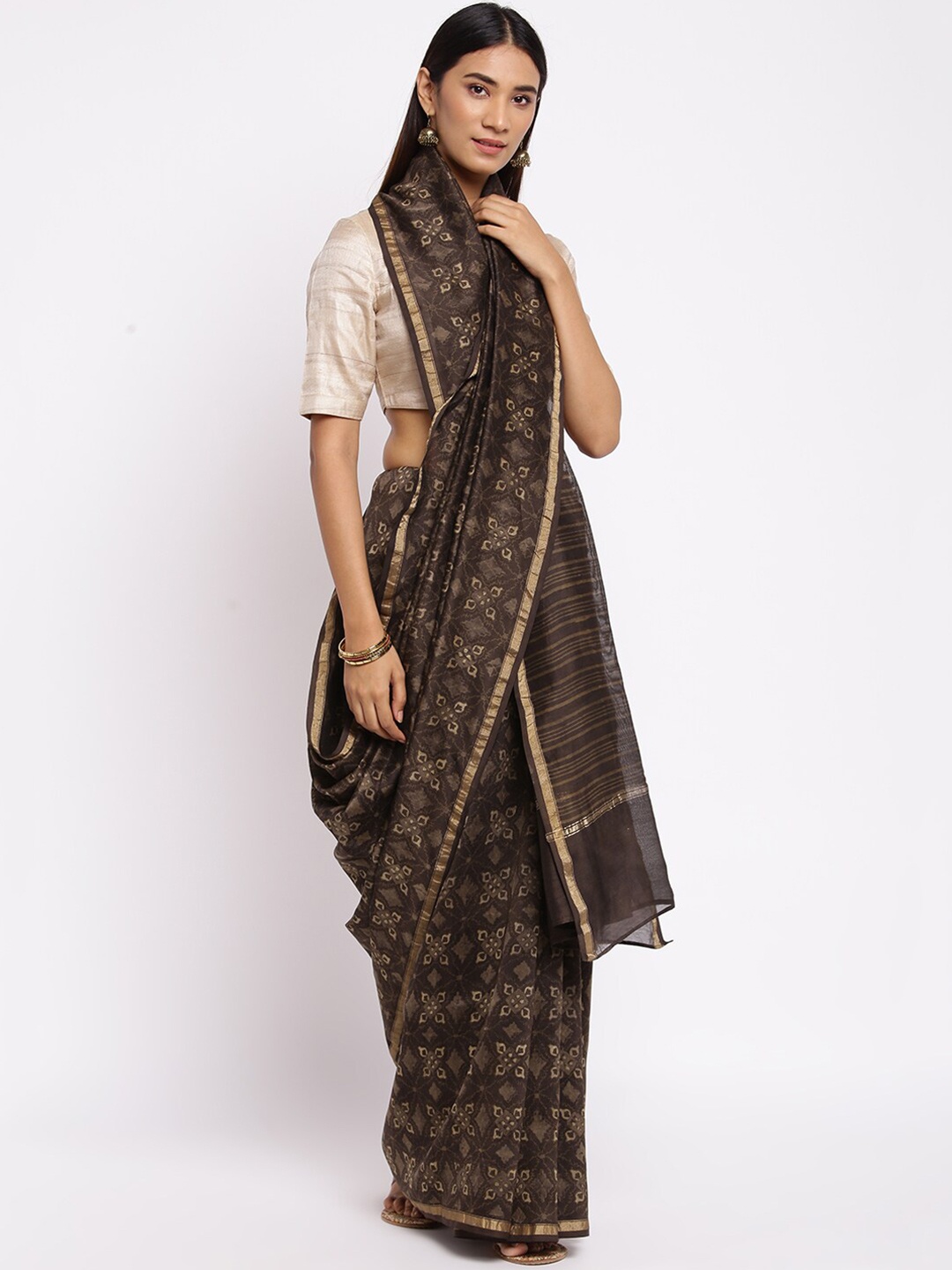 

Fabindia Brown & Gold Floral Zari Block Print Saree