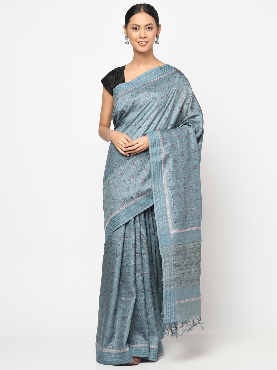 

Fabindia Blue & Gold-Toned Floral Zari Tussar Silk Block Print Saree