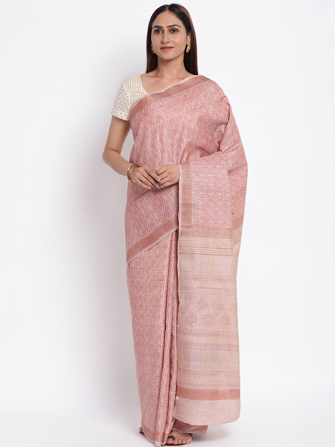 

Fabindia Pink Pure Silk Block Print Saree