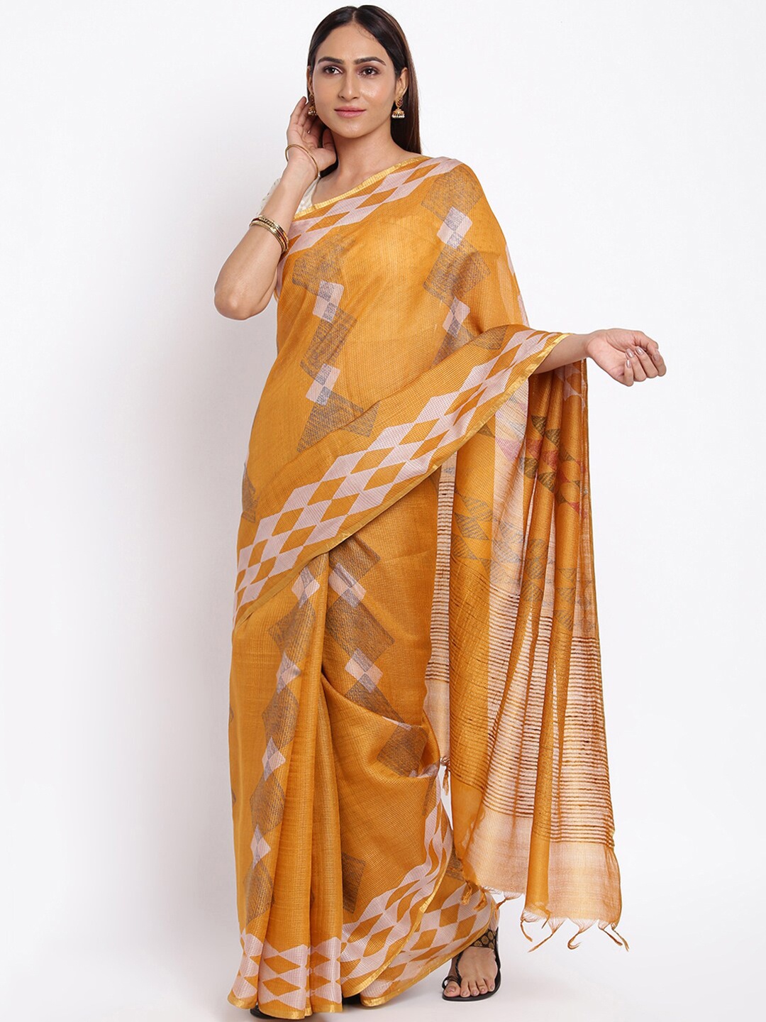 

Fabindia Mustard & Off White Geometric Printed Pure Silk Saree
