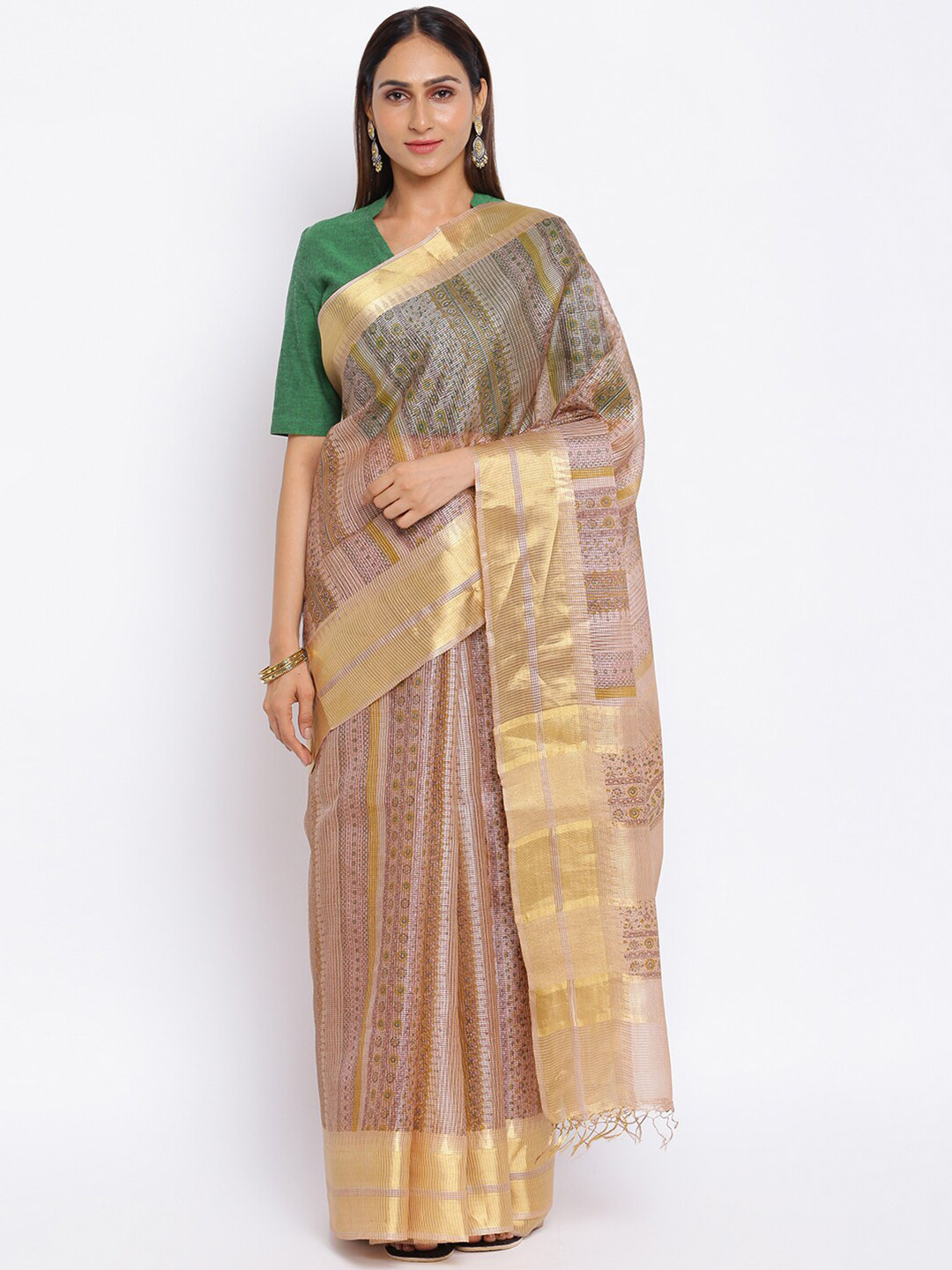 

Fabindia Beige & Gold Geometric Block Print Saree