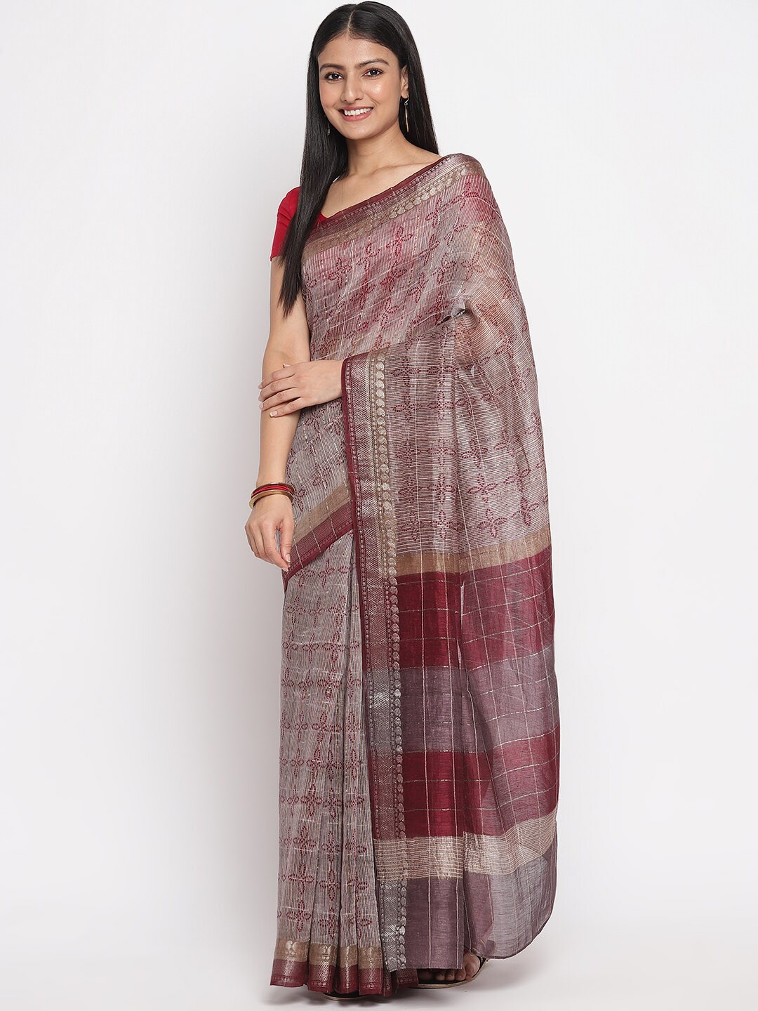 

Fabindia Grey & Red Woven Design Linen Blend Block Print Saree