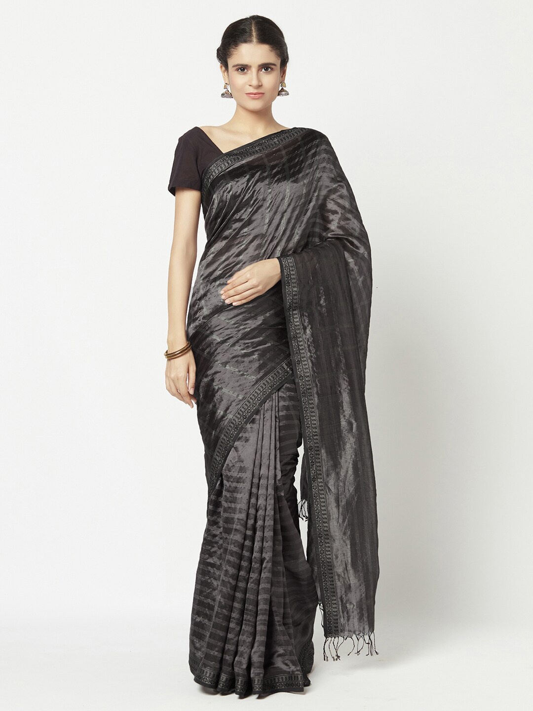 

Fabindia Charcoal Striped Jamdani Saree