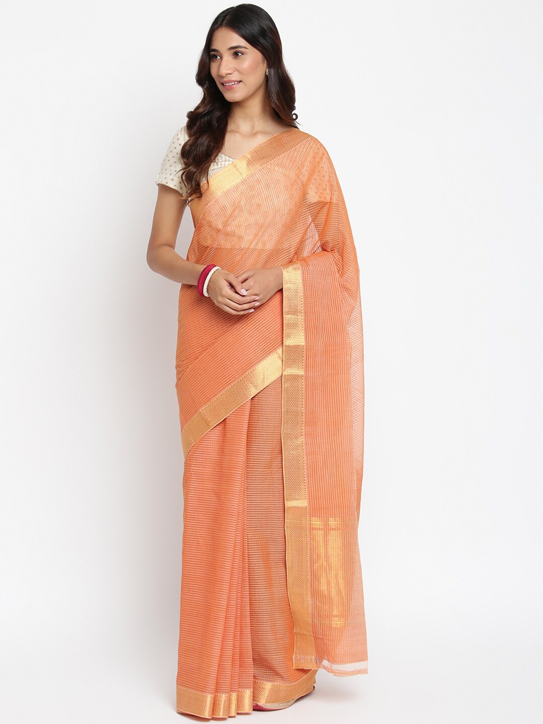 

Fabindia Peach-Coloured & Gold-Toned Woven Design Mangalgiri Zari Pure Cotton Saree