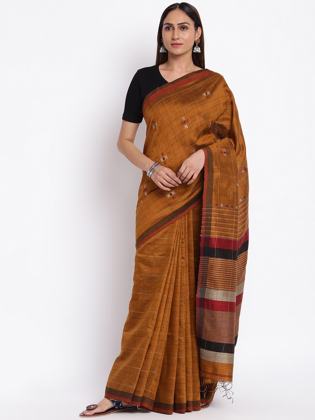 

Fabindia Brown & Red Striped Pure Silk Saree