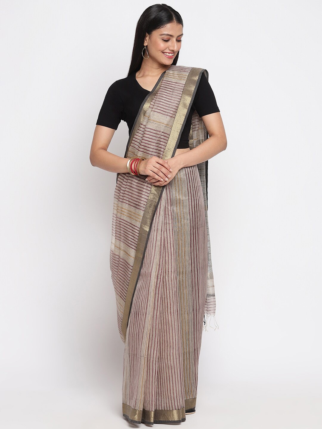 

Fabindia Beige & Black Striped Maheshwari Saree