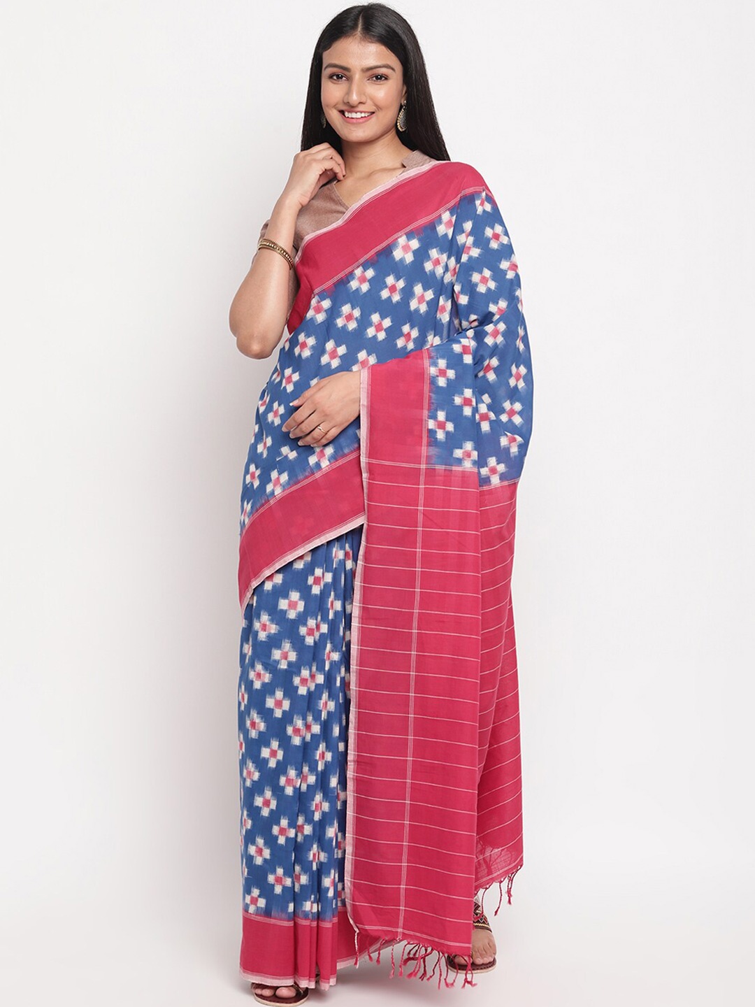 

Fabindia Blue & Red Pure Cotton Ikat Saree