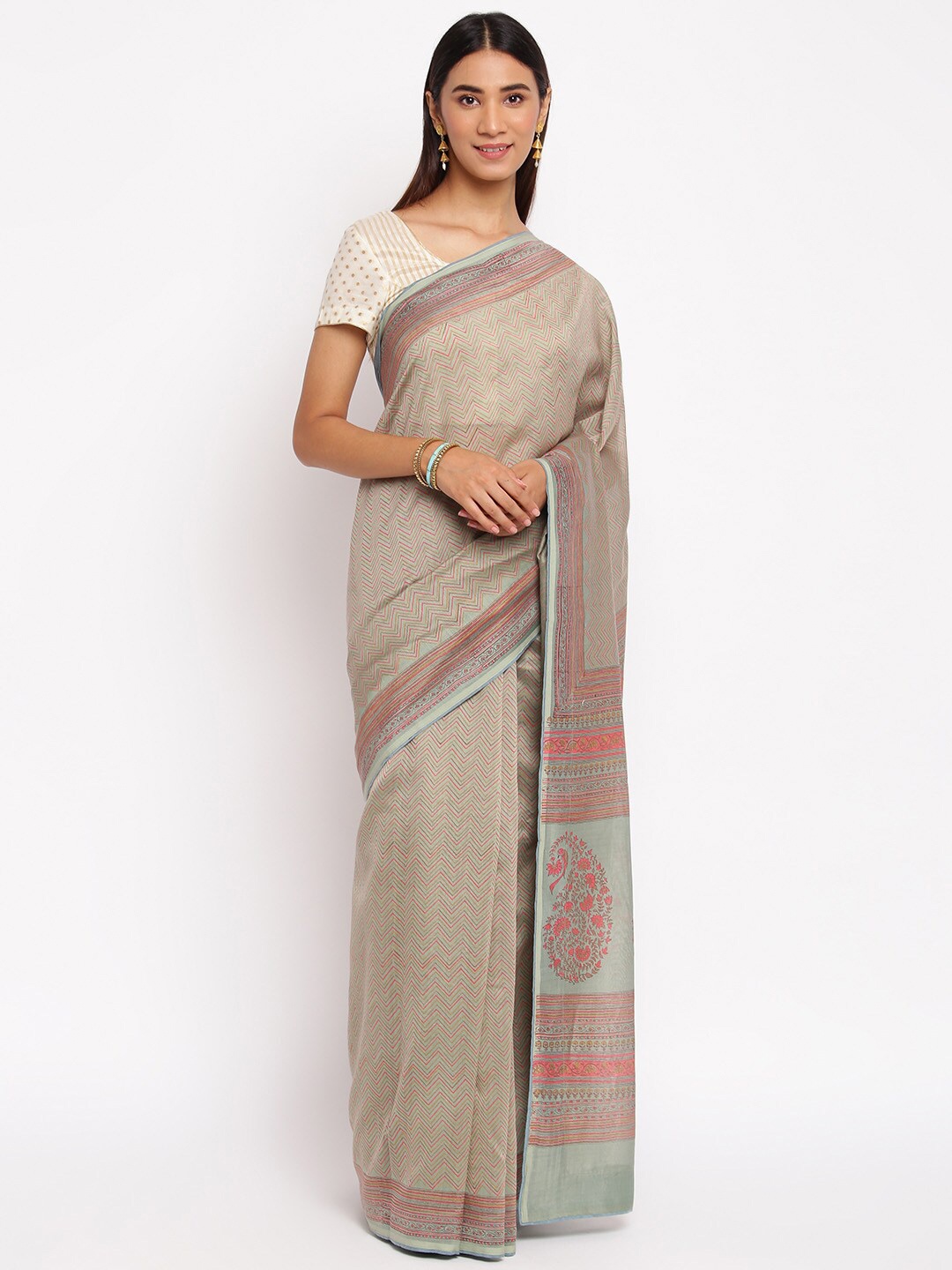 

Fabindia Aqua Green Block Print Saree, Blue