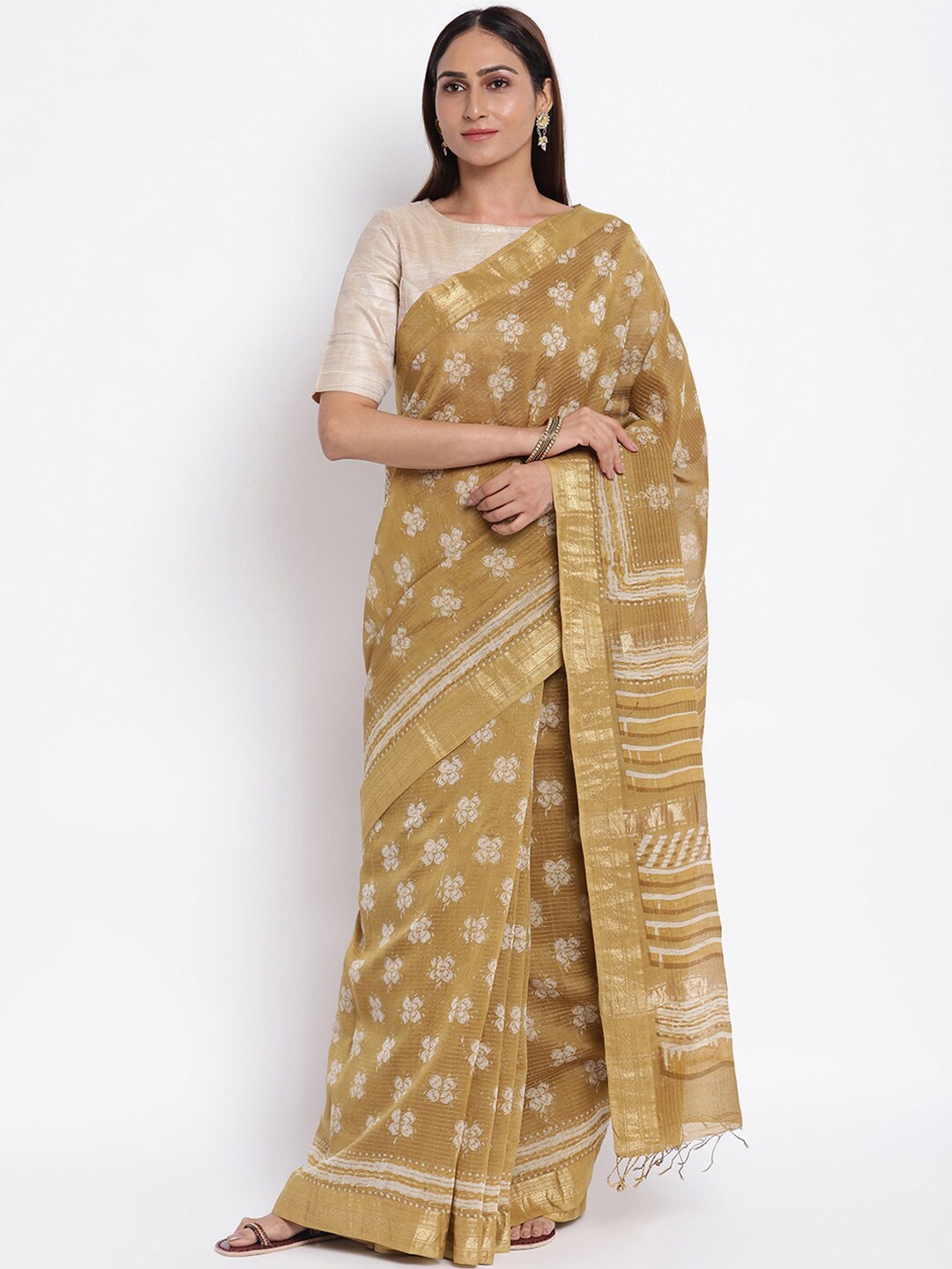 

Fabindia Beige & Gold-Toned Woven Design Zari Block Print Saree