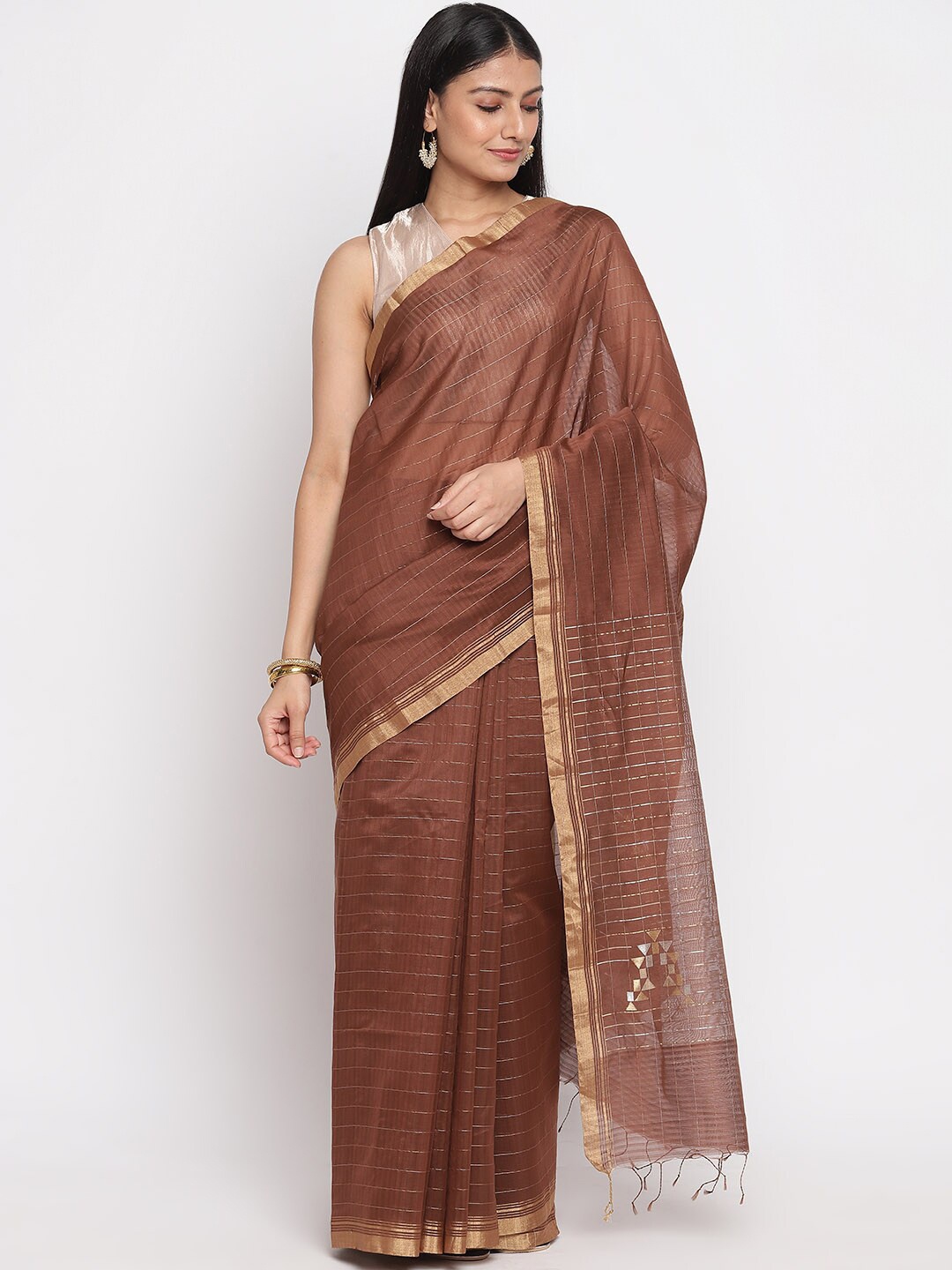 

Fabindia Brown & Gold-Toned Striped Chanderi Saree