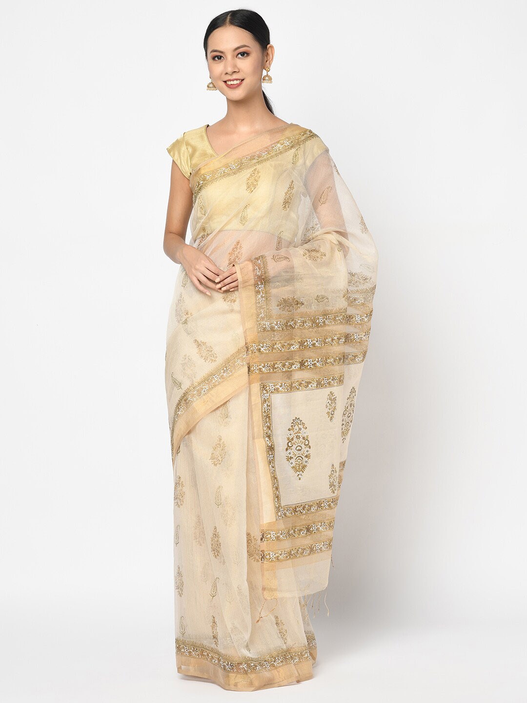 

Fabindia Beige & Gold Ethnic Motifs Zari Block Print Saree