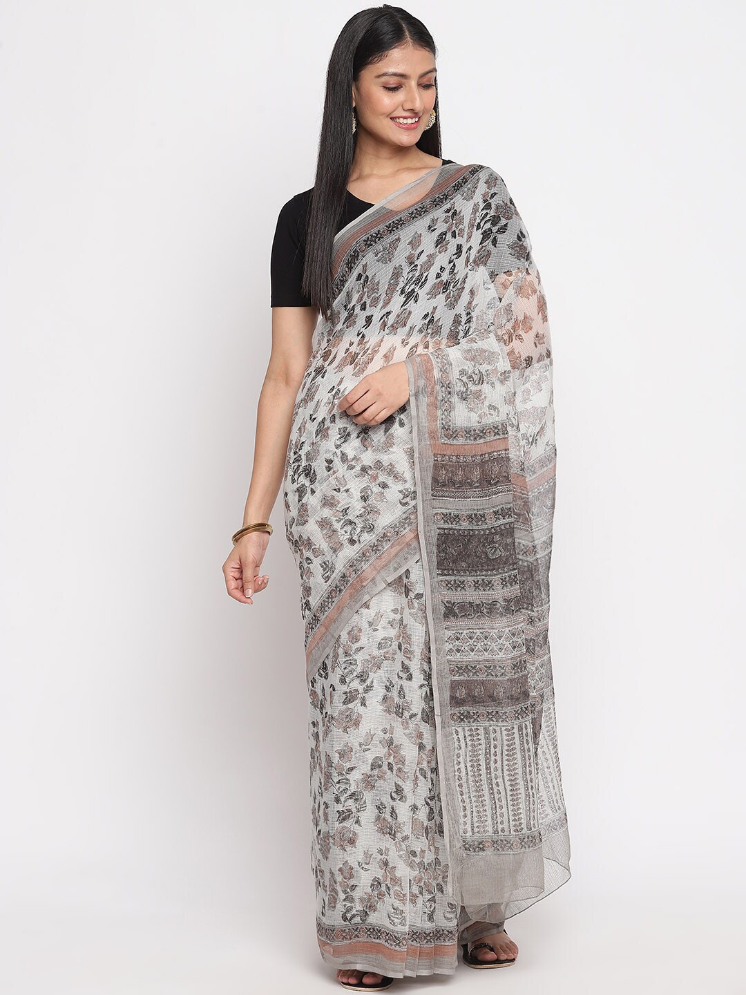 

Fabindia Grey & Black Floral Block Print Saree