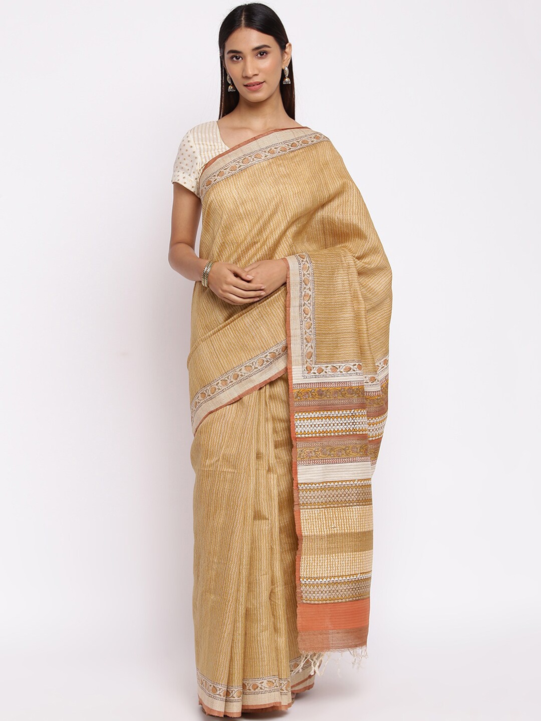 

Fabindia Mustard & White Striped Silk Blend Block Print Saree