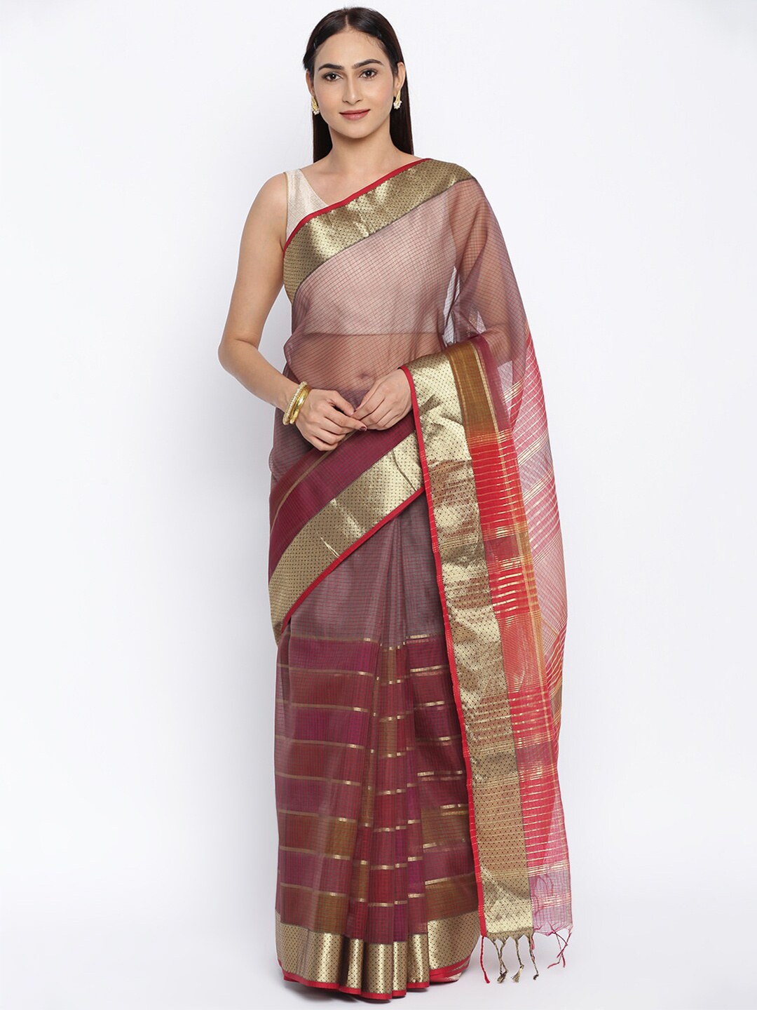 

Fabindia Grey & Red Maheshwari Saree