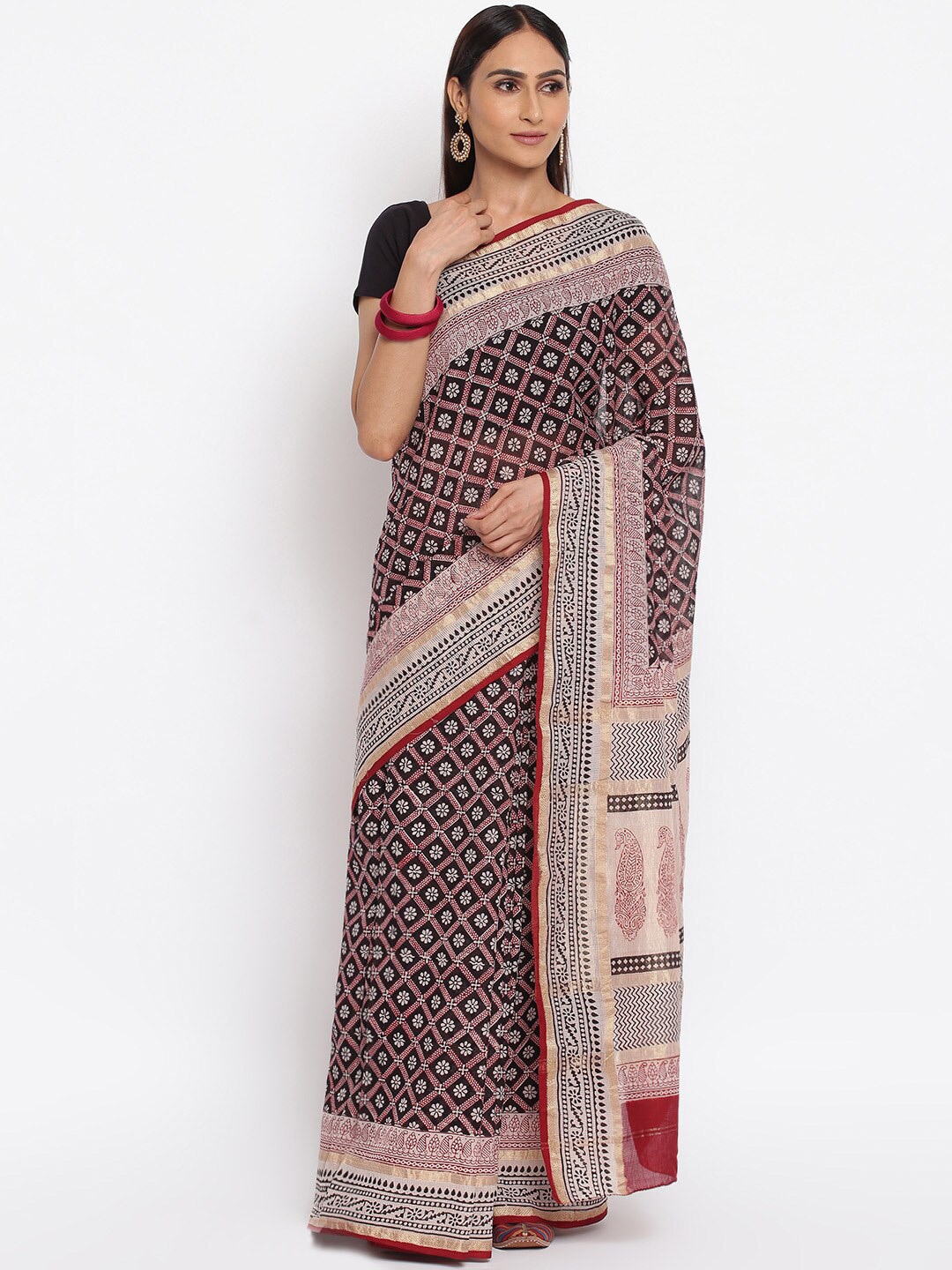 

Fabindia Black & Red Floral Bagh Saree