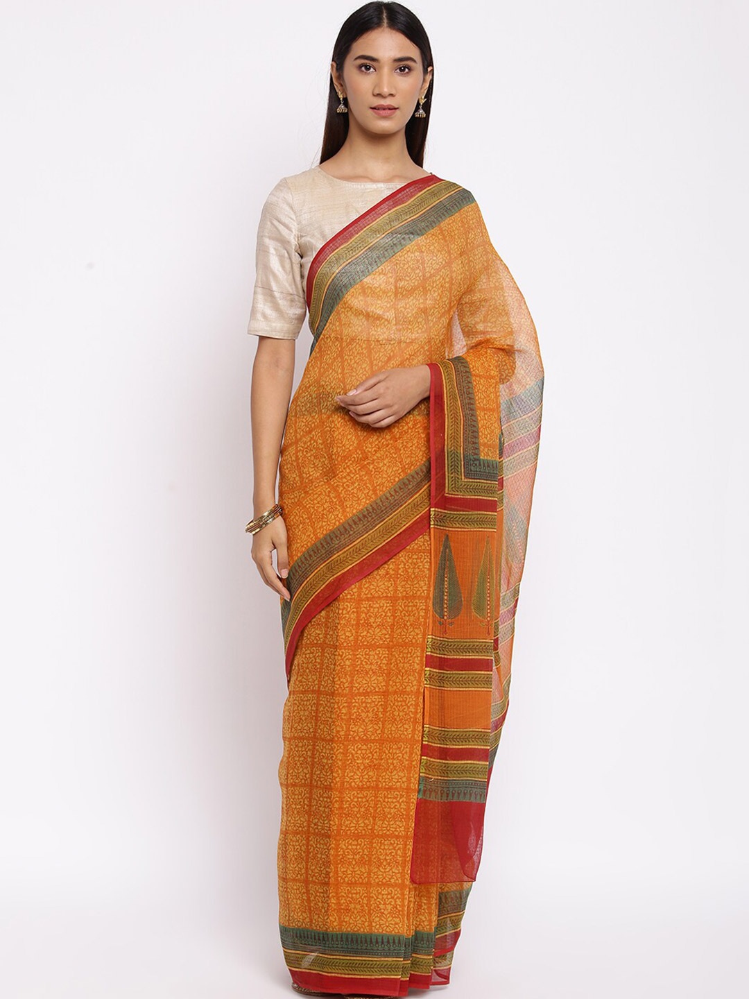 

Fabindia Orange & Maroon Floral Block Print Saree