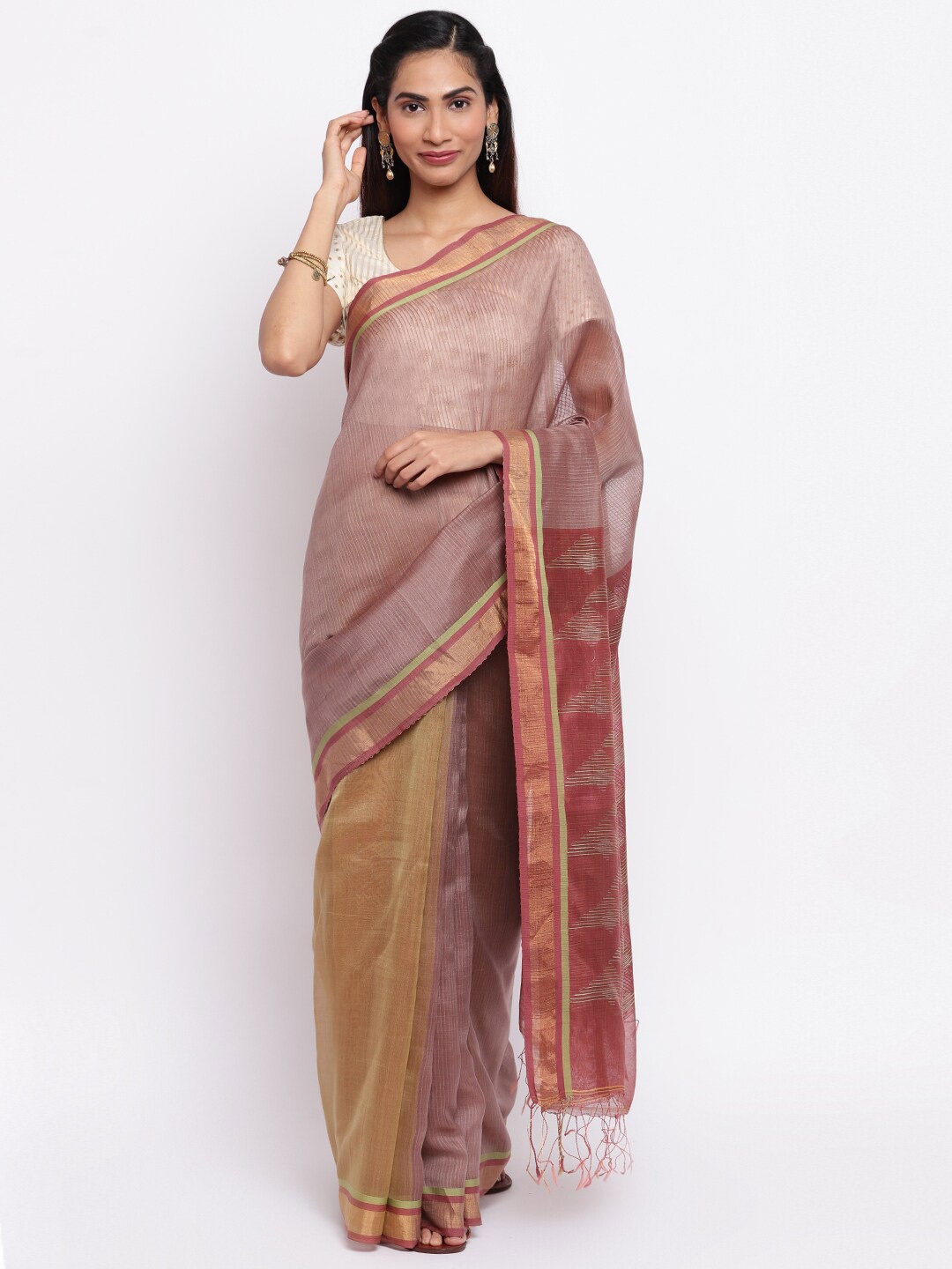 

Fabindia Beige & Gold-Toned Zari Silk Cotton Jamdani Saree