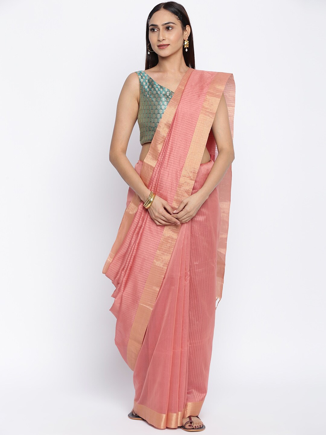 

Fabindia Pink & Gold Striped Chanderi Saree