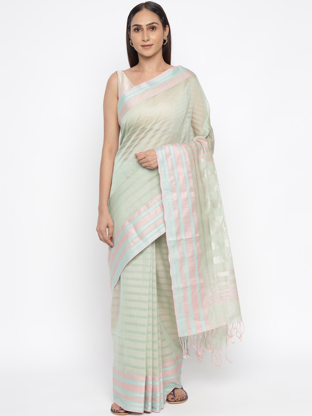 

Fabindia Green & Pink Woven Design Zari Maheshwari Saree