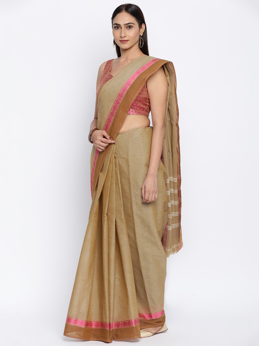 

Fabindia Brown & Pink Woven Design Zari Pure Cotton Saree