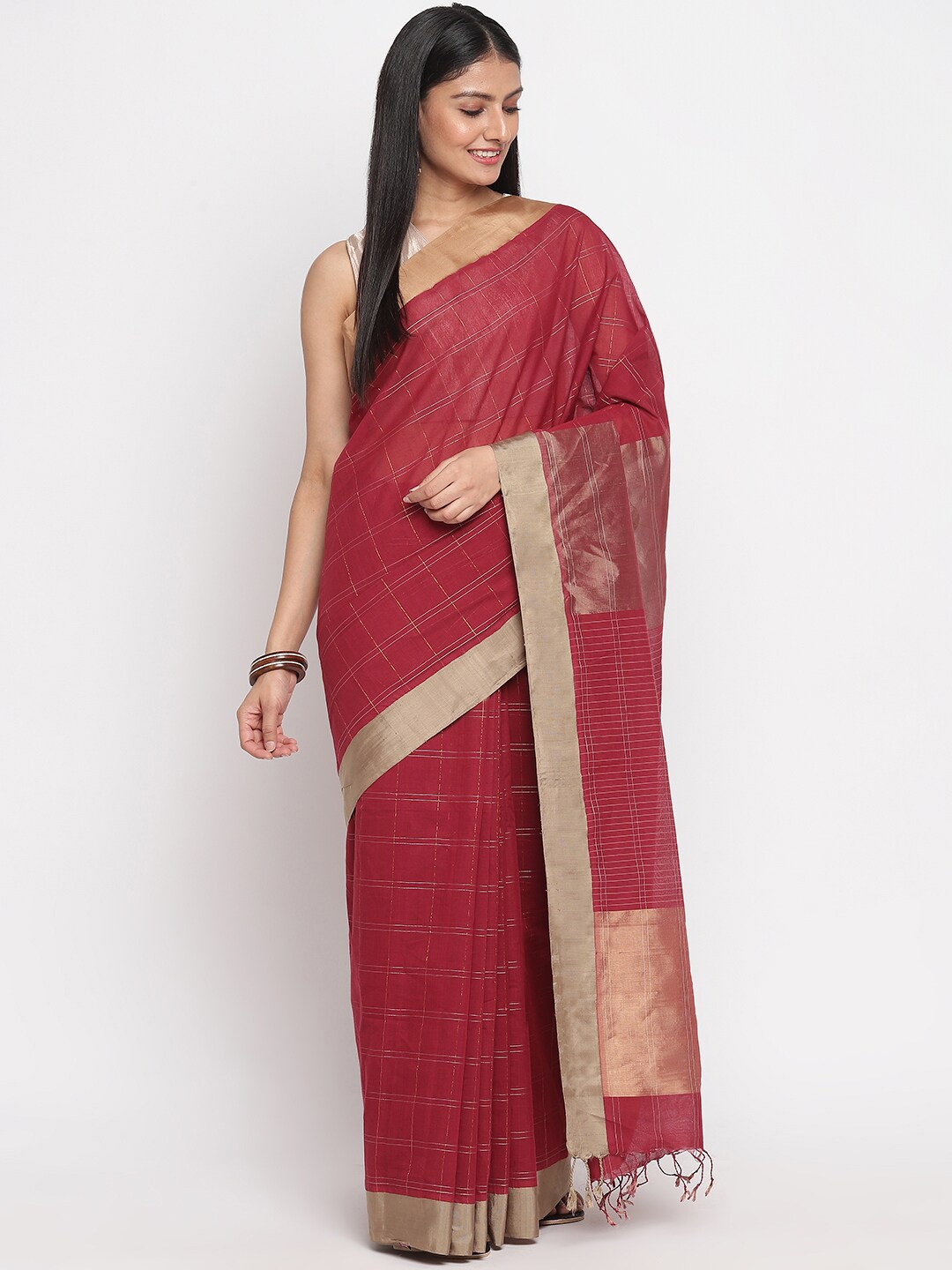 

Fabindia Maroon & Gold-Toned Woven Design Zari Pure Cotton Saree