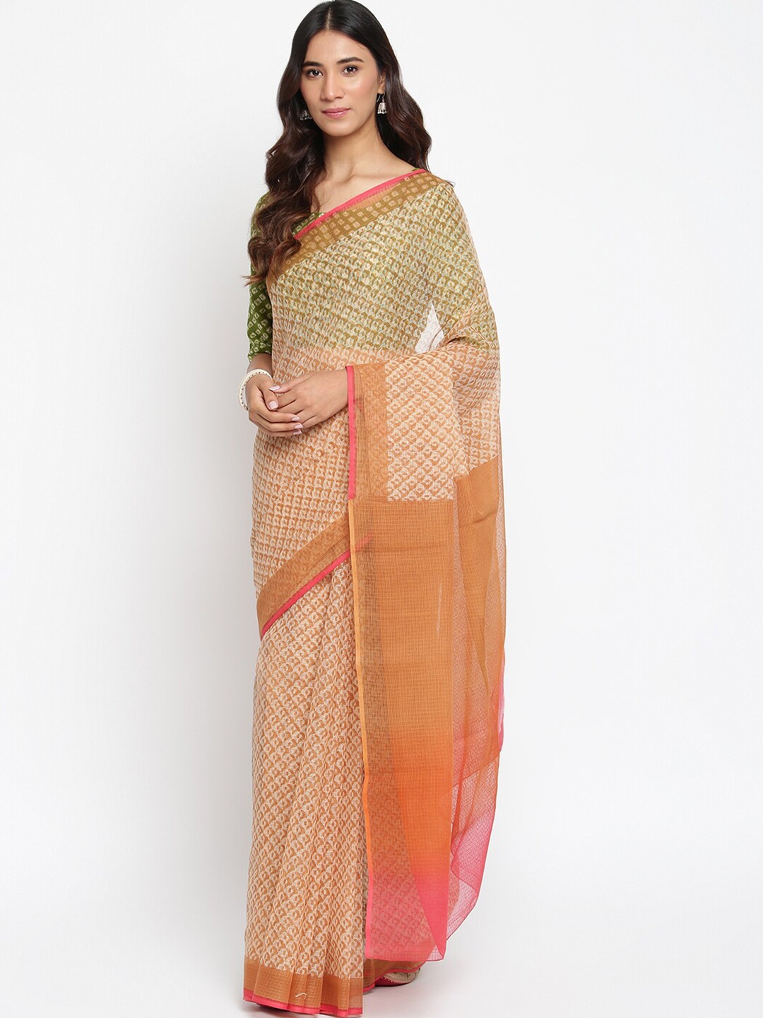 

Fabindia Off White & Brown Floral Kota Block Print Saree