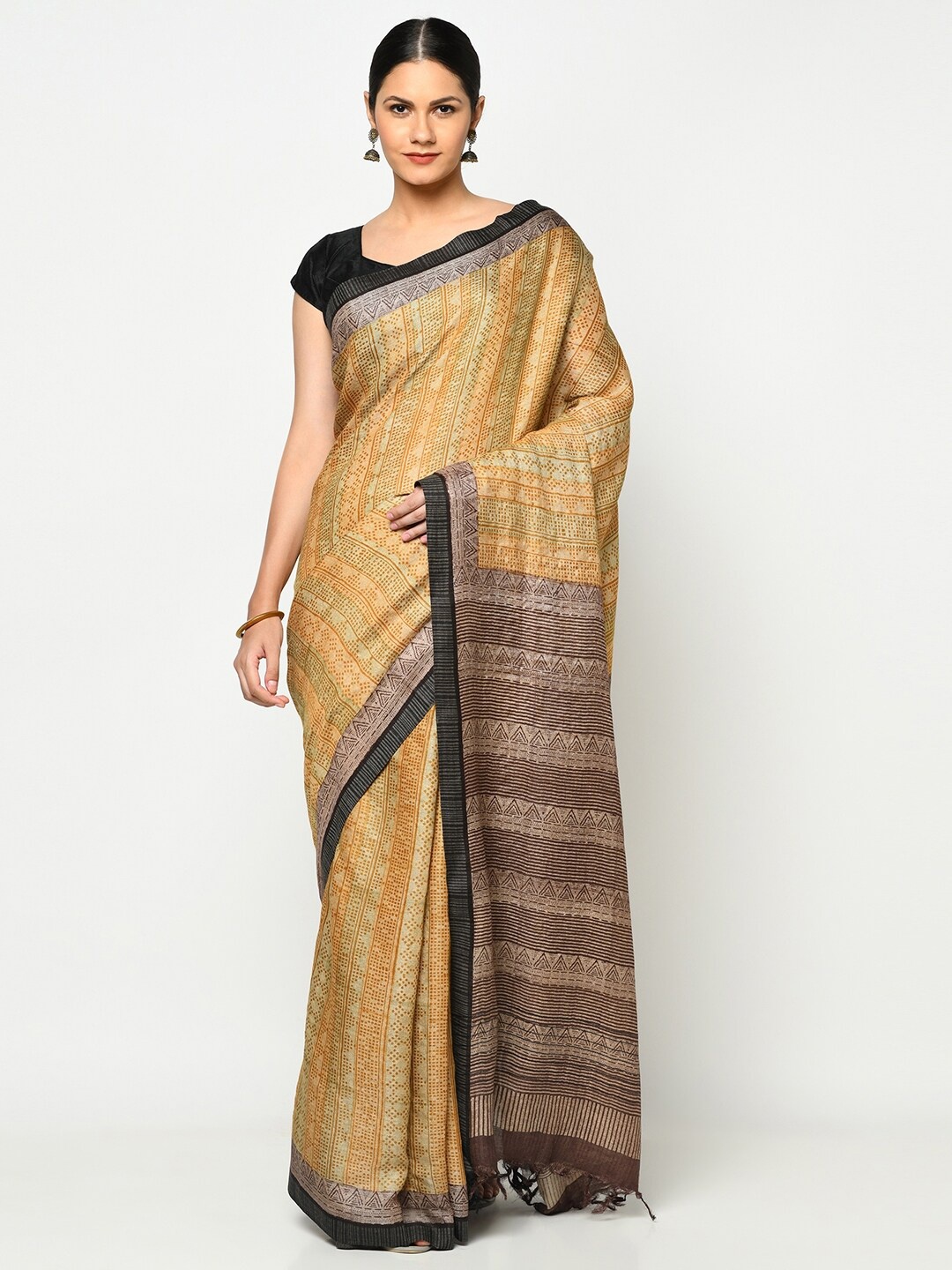 

Fabindia Mustard & Black Floral Silk Blend Tussar Silk Saree