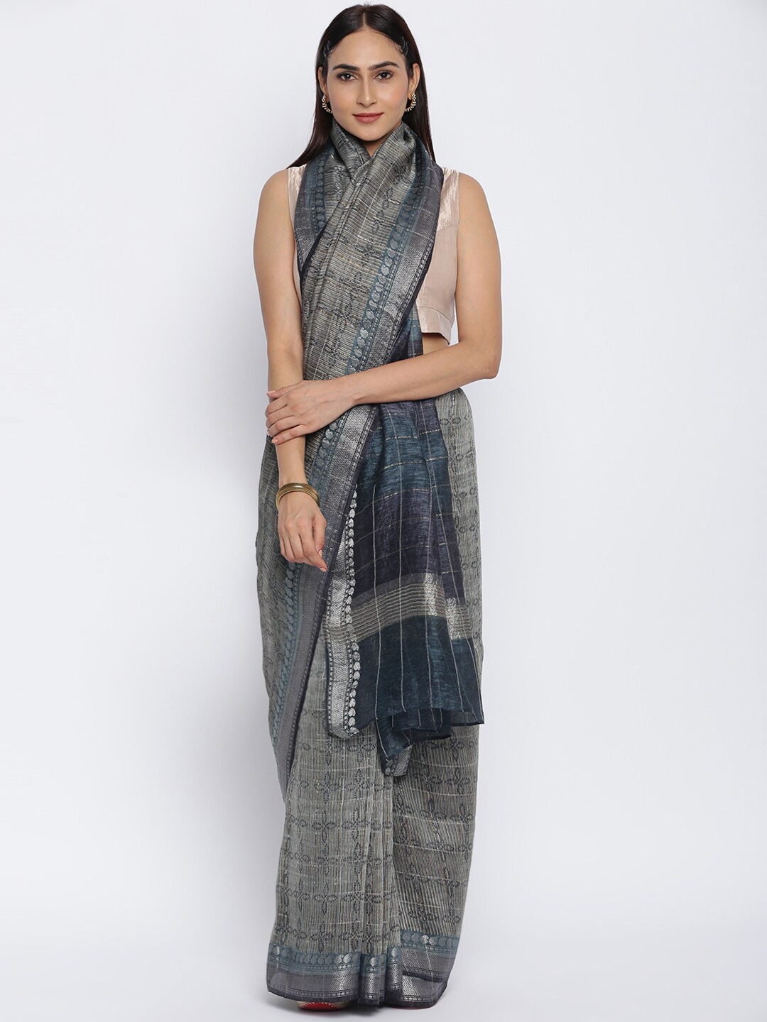 

Fabindia Grey Linen Blend Block Print Saree