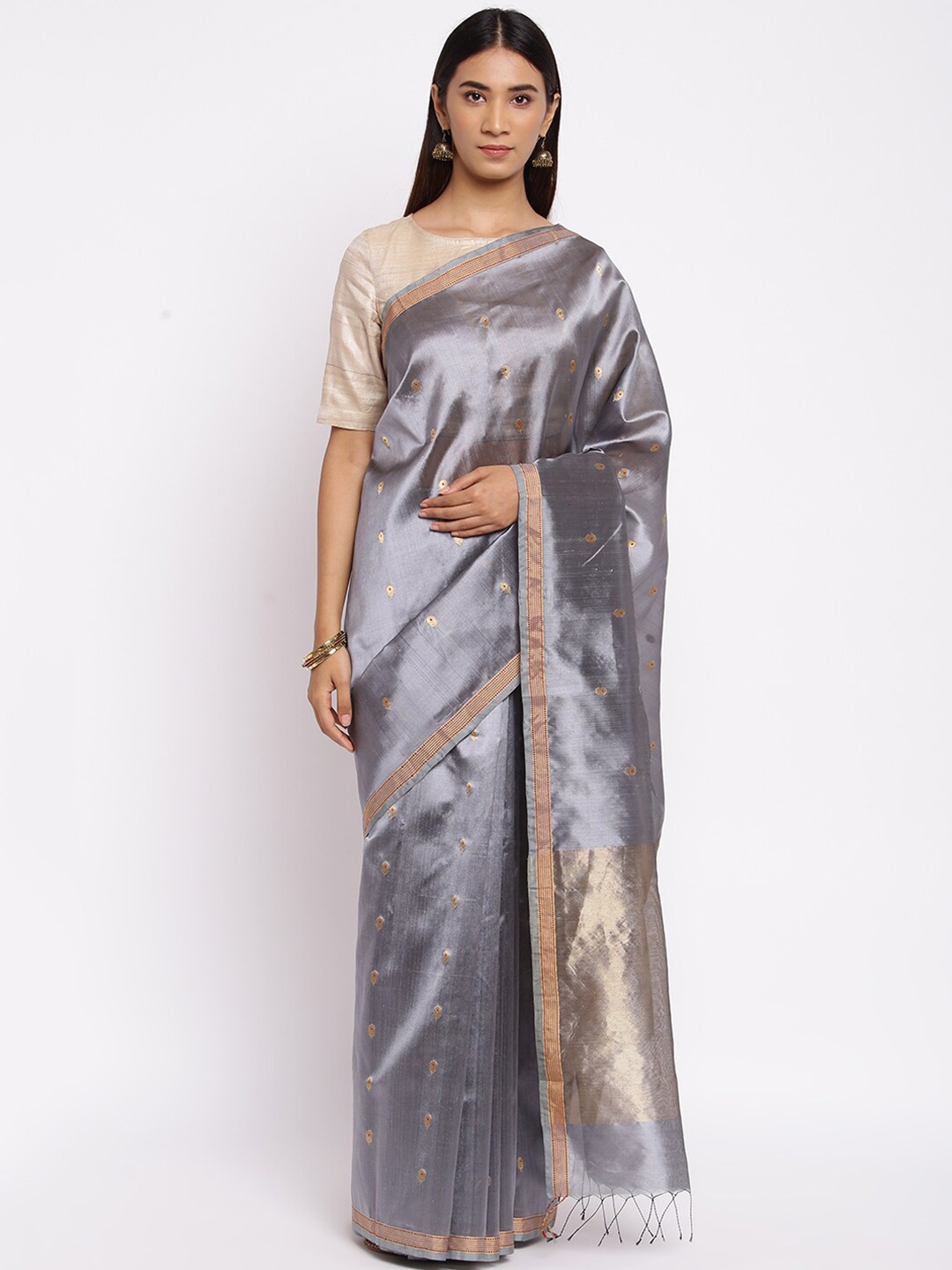 

Fabindia Grey & Gold-Toned Floral Zari Chanderi Silk Saree
