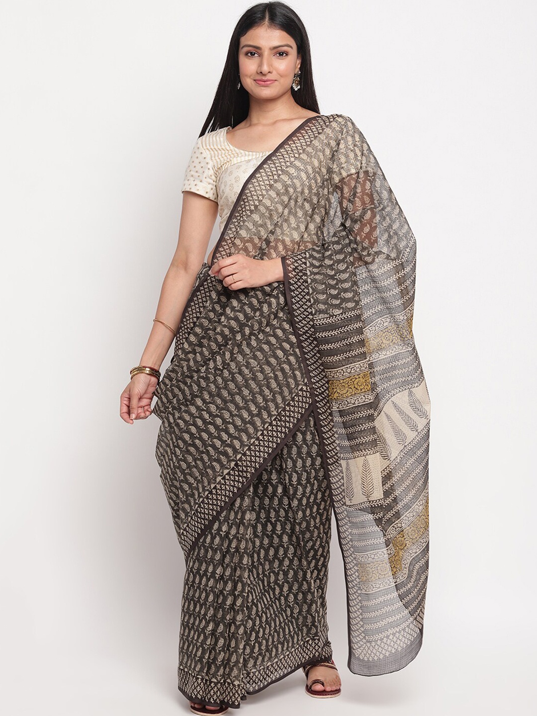 

Fabindia Grey & Brown Ethnic Motifs Printed Bagru Saree