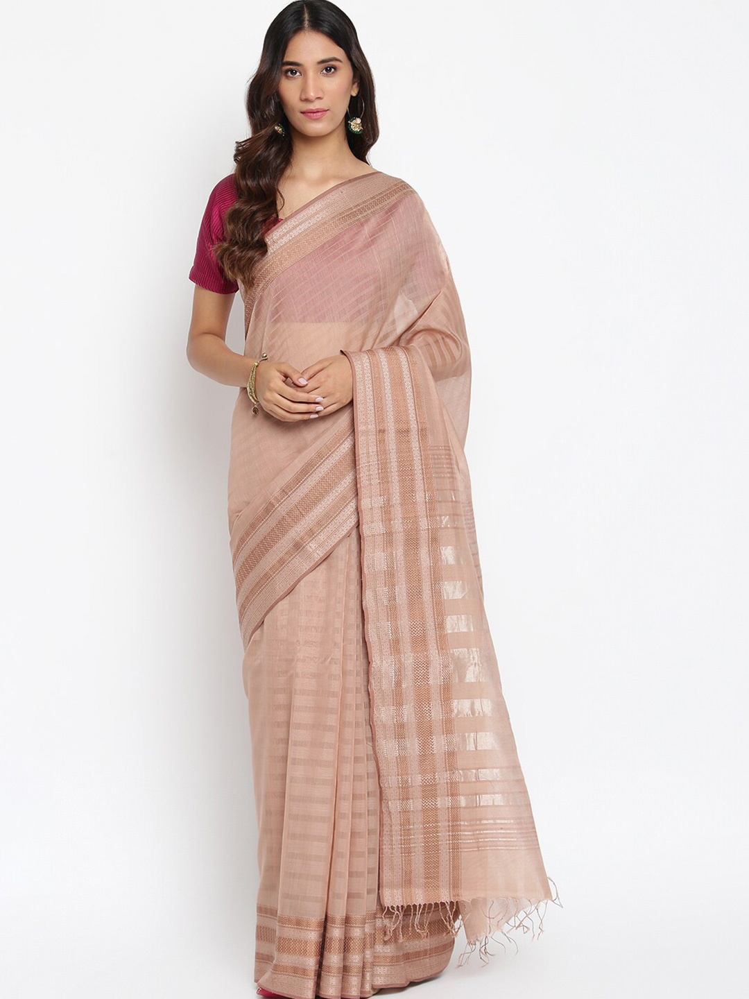 

Fabindia Beige & Silver-Toned Woven Design Silk Cotton Maheshwari Saree