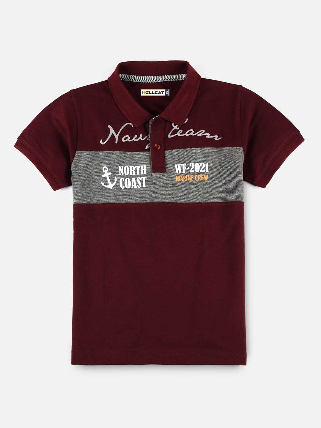 

HELLCAT Boys Maroon & Grey Printed Polo Collar Bio Finish T-shirt