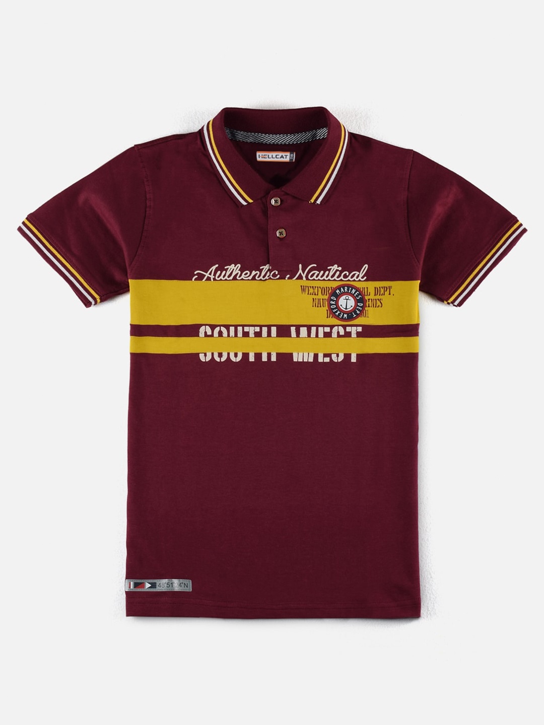 

HELLCAT Boys Maroon & Yellow Typography Printed Polo Collar Bio Finish T-shirt