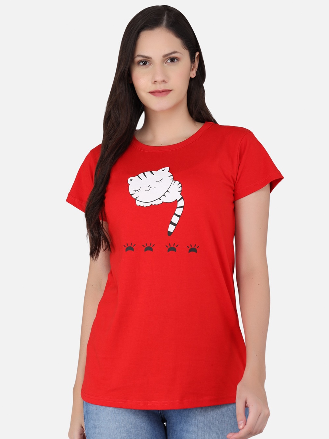 

FurryFlair Women Red & White Printed Cotton T-shirt