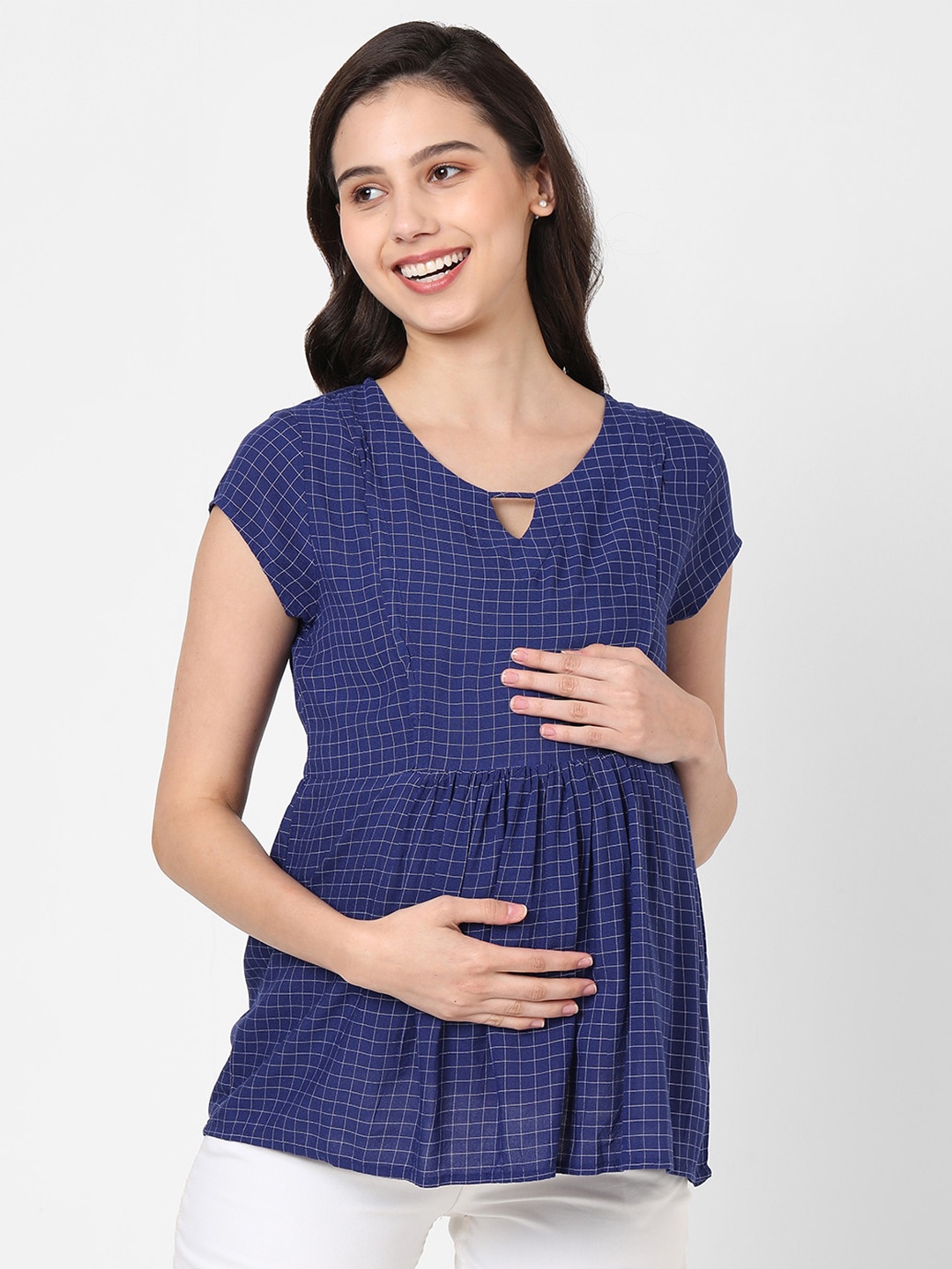 

Mystere Paris Navy Blue Checked Keyhole Neck Maternity Regular Top