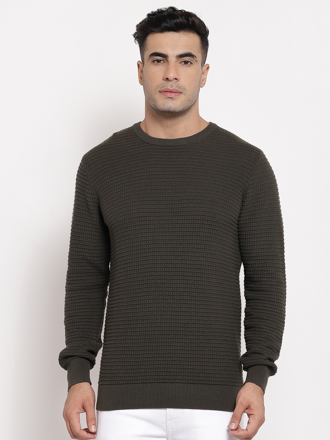 

Red Tape Men Olive Self Design Pure Cotton Pullover