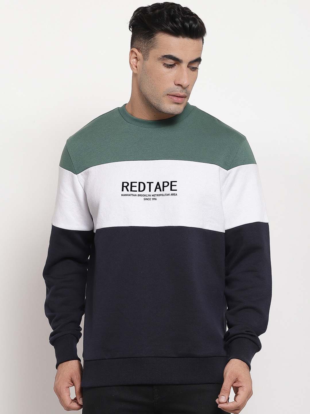 

Red Tape Men Navy Blue Colourblocked Cotton Sweatshirt