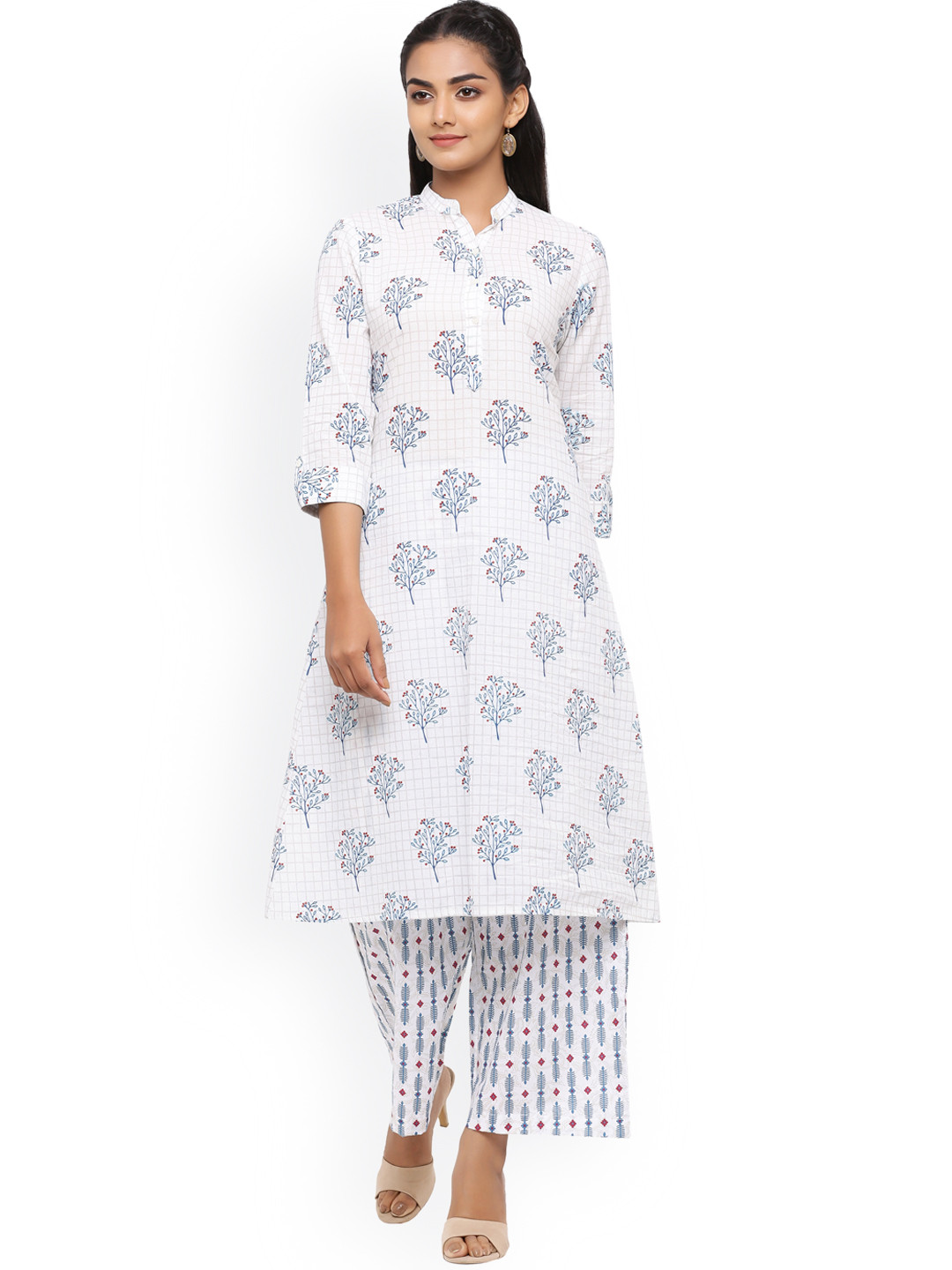 

Sangria Women Blue & White Printed Regular Pure Cotton Kurta with Trousers