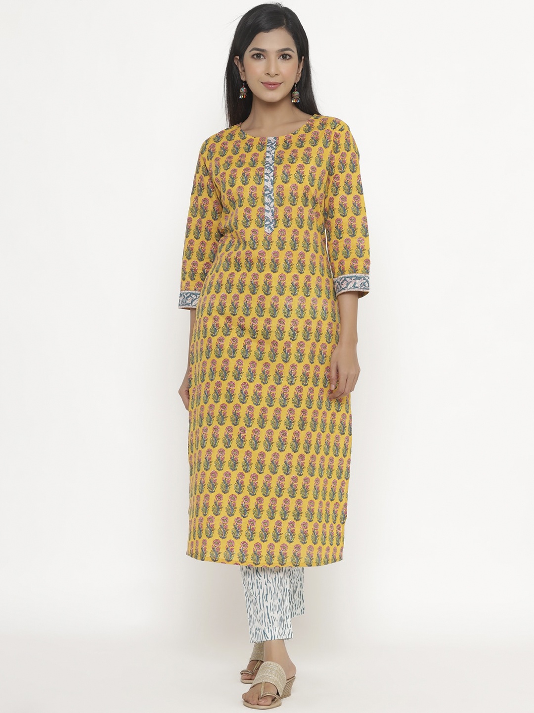 

Sangria Women Blue Ethnic Motifs Printed Regular Pure Cotton Kurti with Trousers
