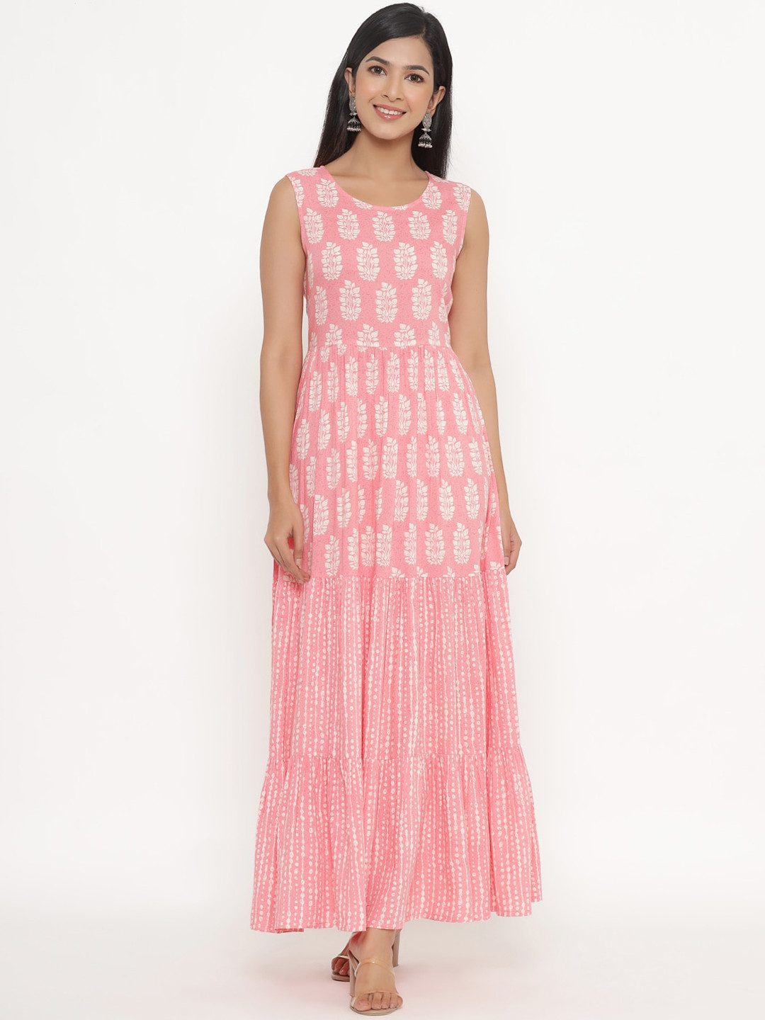 

Sangria Women Pink Ethnic Motifs Printed Tiered Maxi Dress