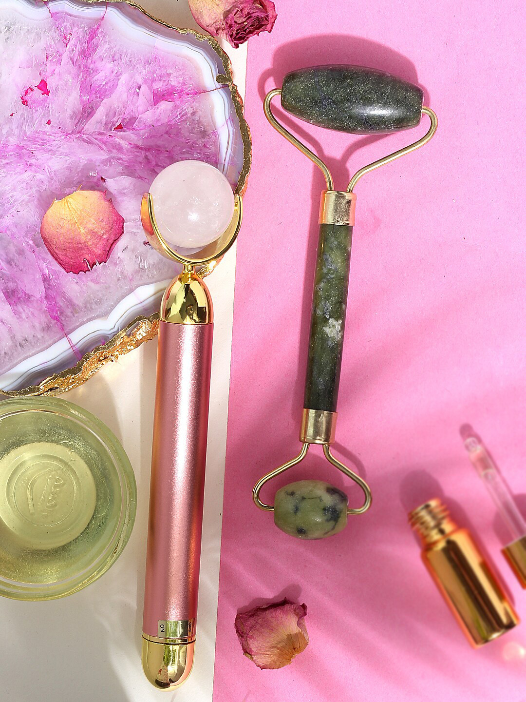 

SKINDUZED Vibrating Crystal Quartz Face Roller & Textured Jade Green Face Roller, Pink