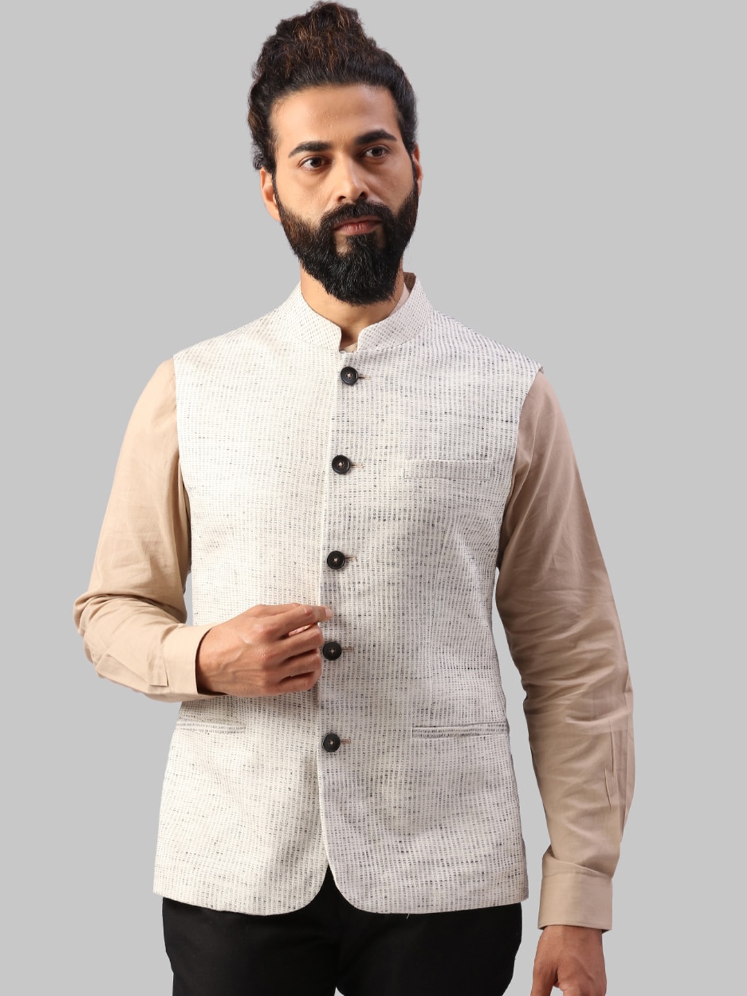

Raymond Men White & Blue Printed Pure Cotton Woven Nehru Jacket