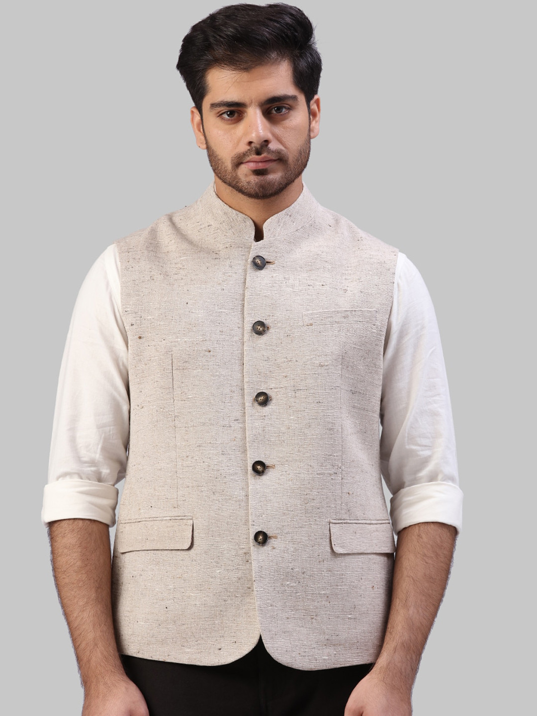 

Raymond Men Grey Solid Cotton Silk Woven Nehru Jacket