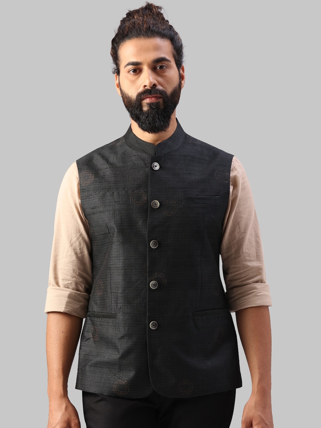 

Raymond Men Black Woven-Design Silk Nehru Jacket