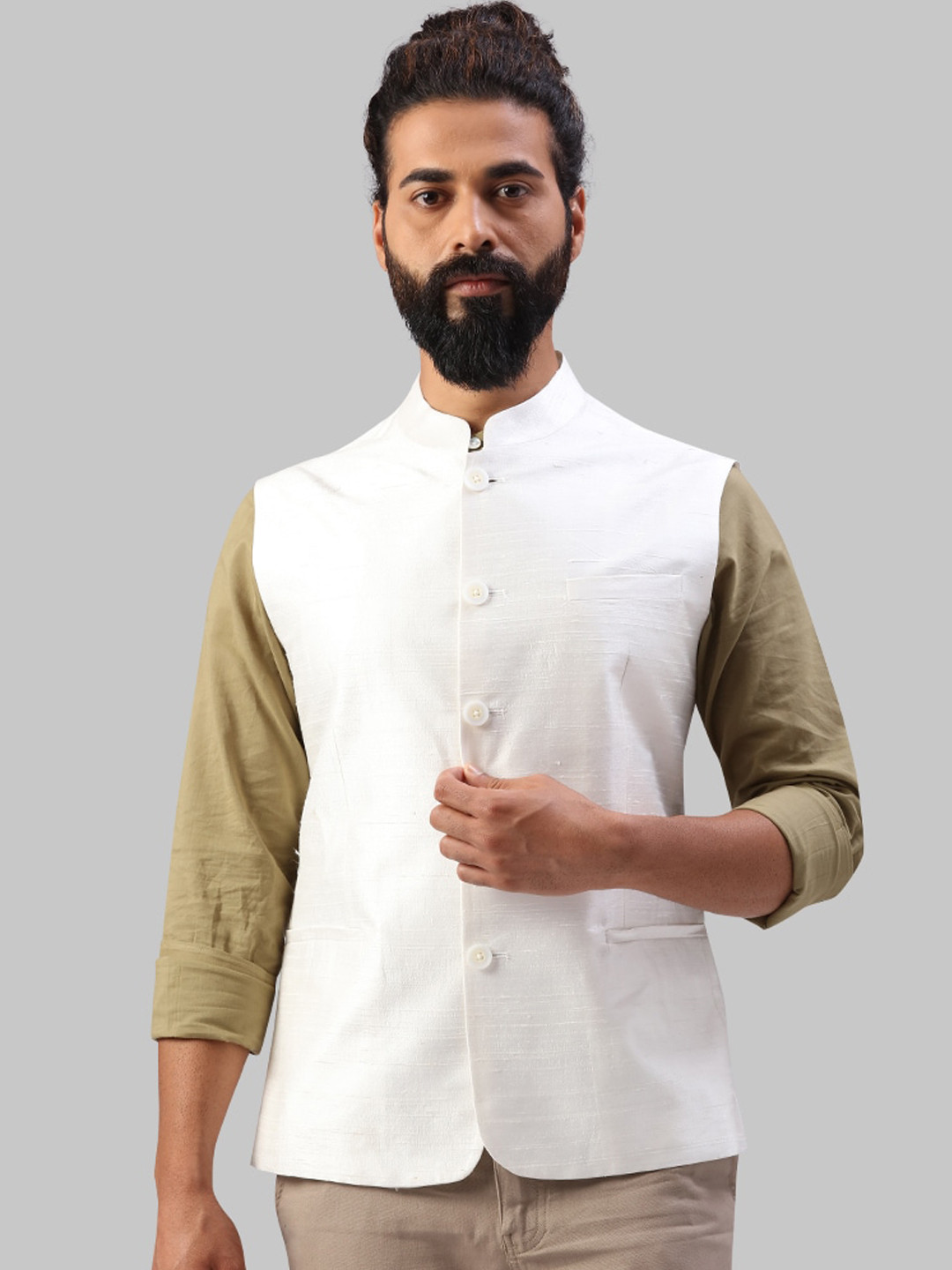 

Raymond Men White Solid Pure Silk Nehru Jacket