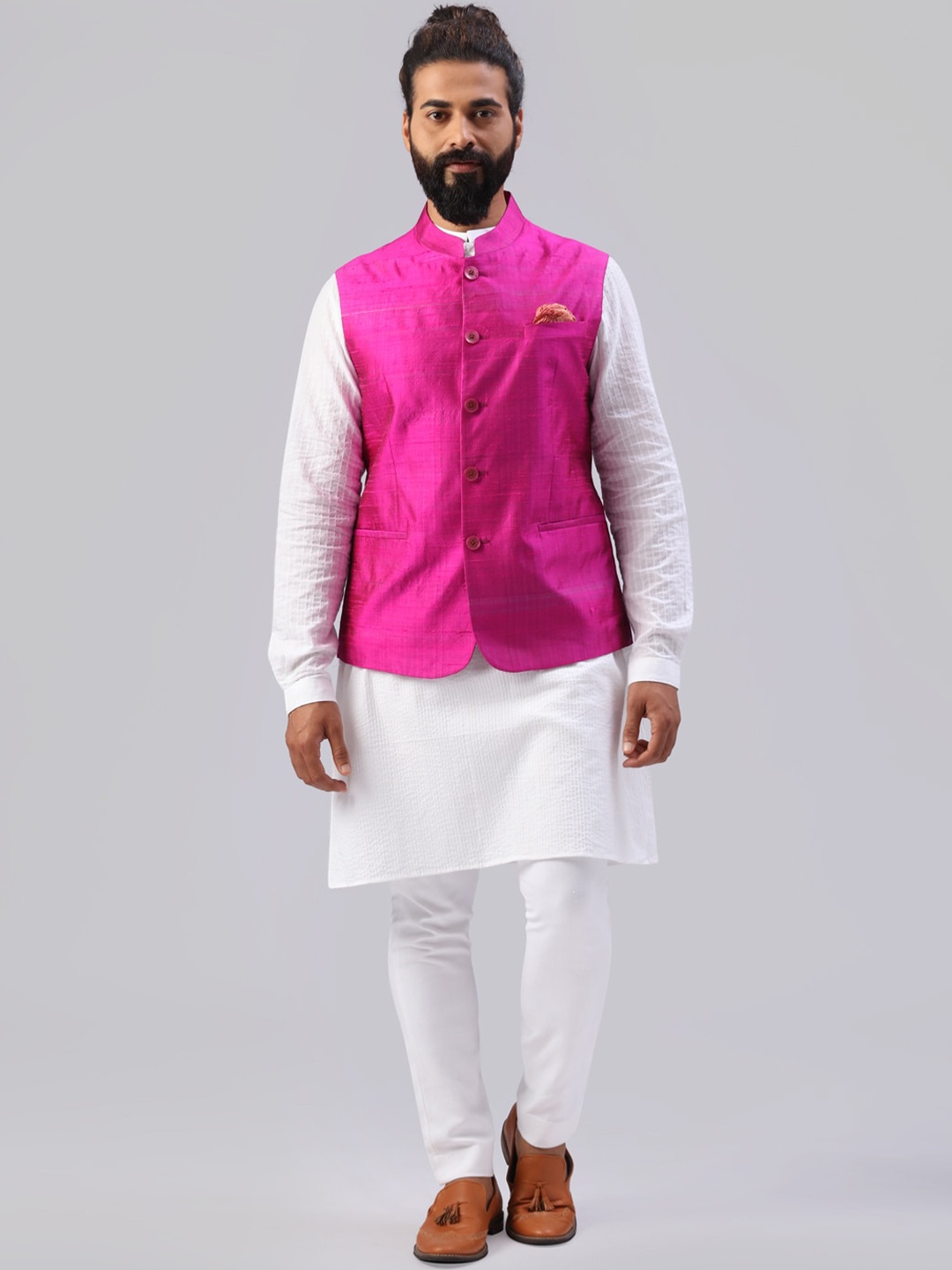 

Fabindia Men Pink Solid Pure Silk Woven Nehru Jacket