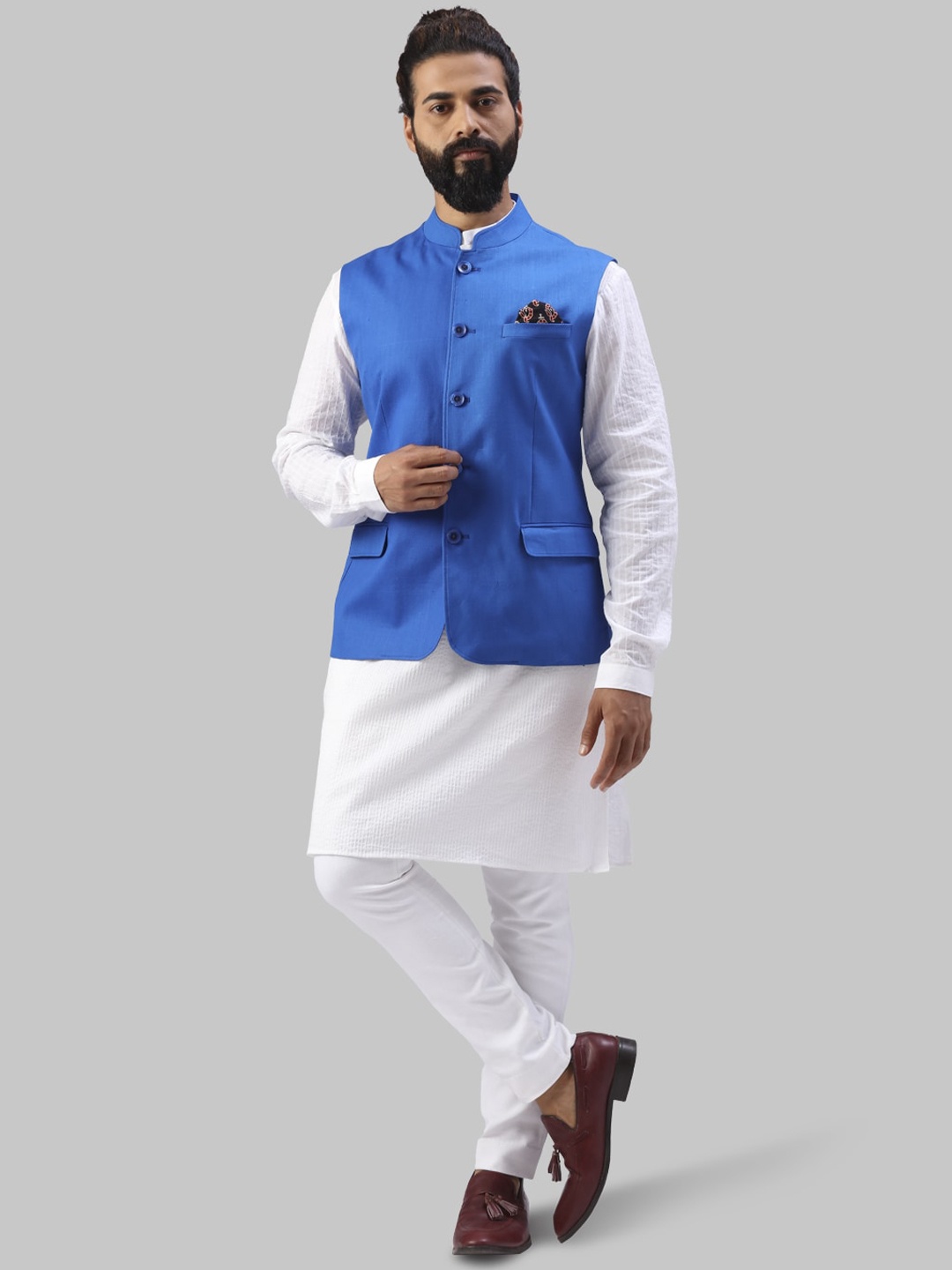 

Raymond Men Blue Solid Pure Cotton Woven Nehru Jacket
