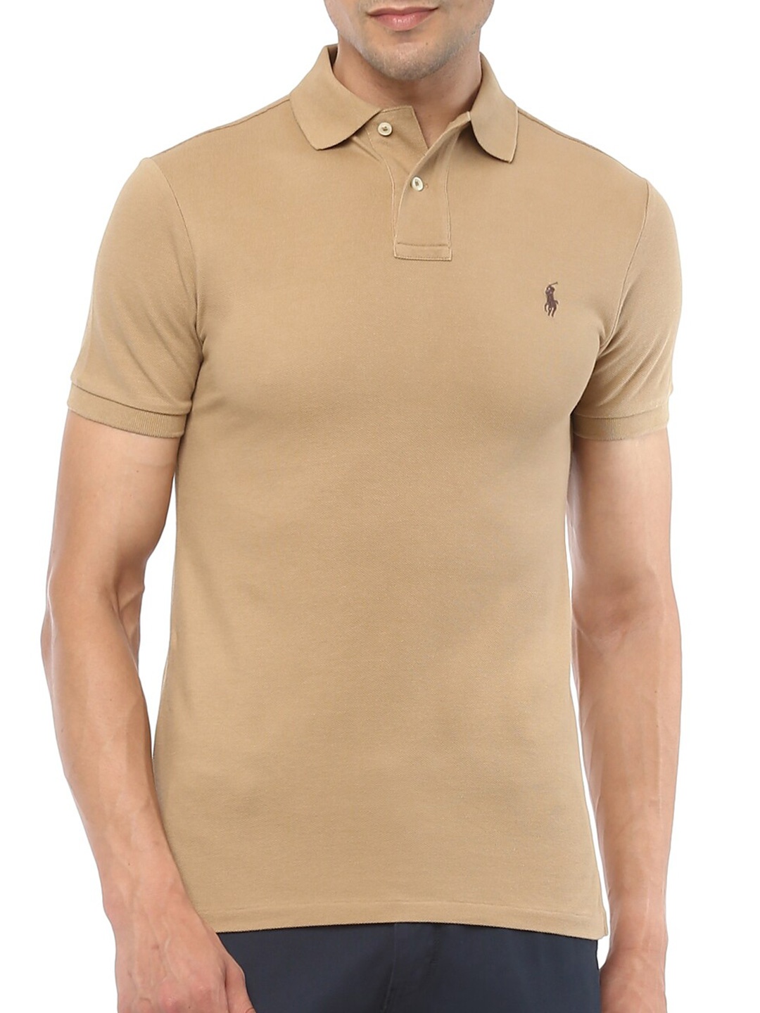 

Polo Ralph Lauren Men Tan Solid Polo Collar T-shirt