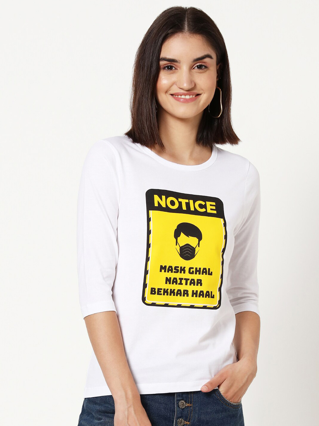 

Bewakoof Women White & Yellow 'Mask Ghal 'Typography Print Slim Fit T-shirt